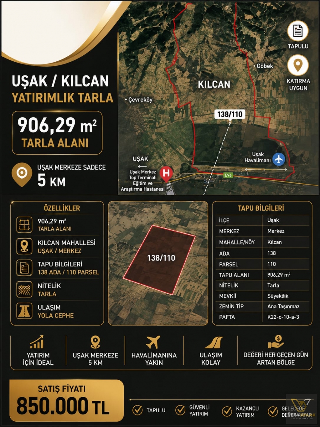 UŞAK MERKEZ KILCAN MAHALLESİ'NDE YATIRIMLIK SATILIK TARLA
