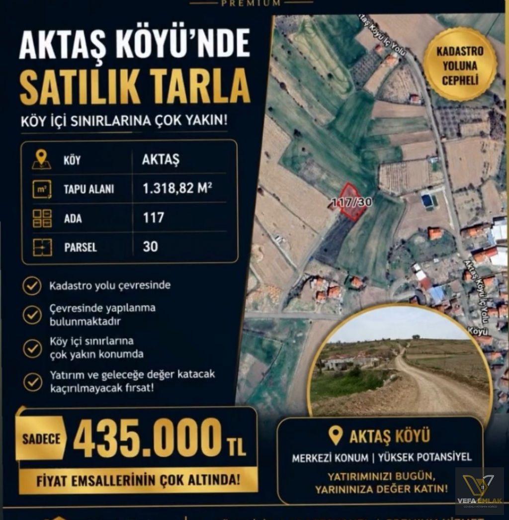 AKTAŞ KÖYÜ DİBİNDE   FIRSAT DEĞERİNDE 1.318 m2 SATILIK TARLA