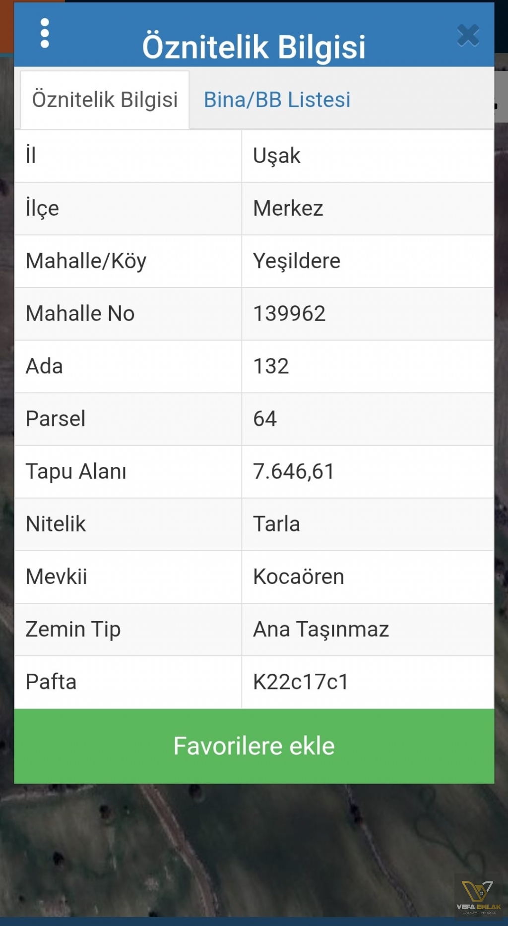 UŞAK MERKEZ YEŞİLDEREDE 7.646 m2 SATILIK TARLA