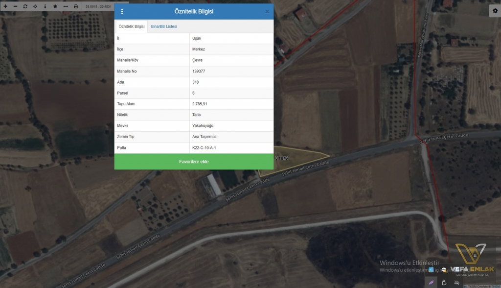UŞAK MERKEZ ÇEVRE KÖYÜNDE SATILIK 2.785,91 m² TARLA
