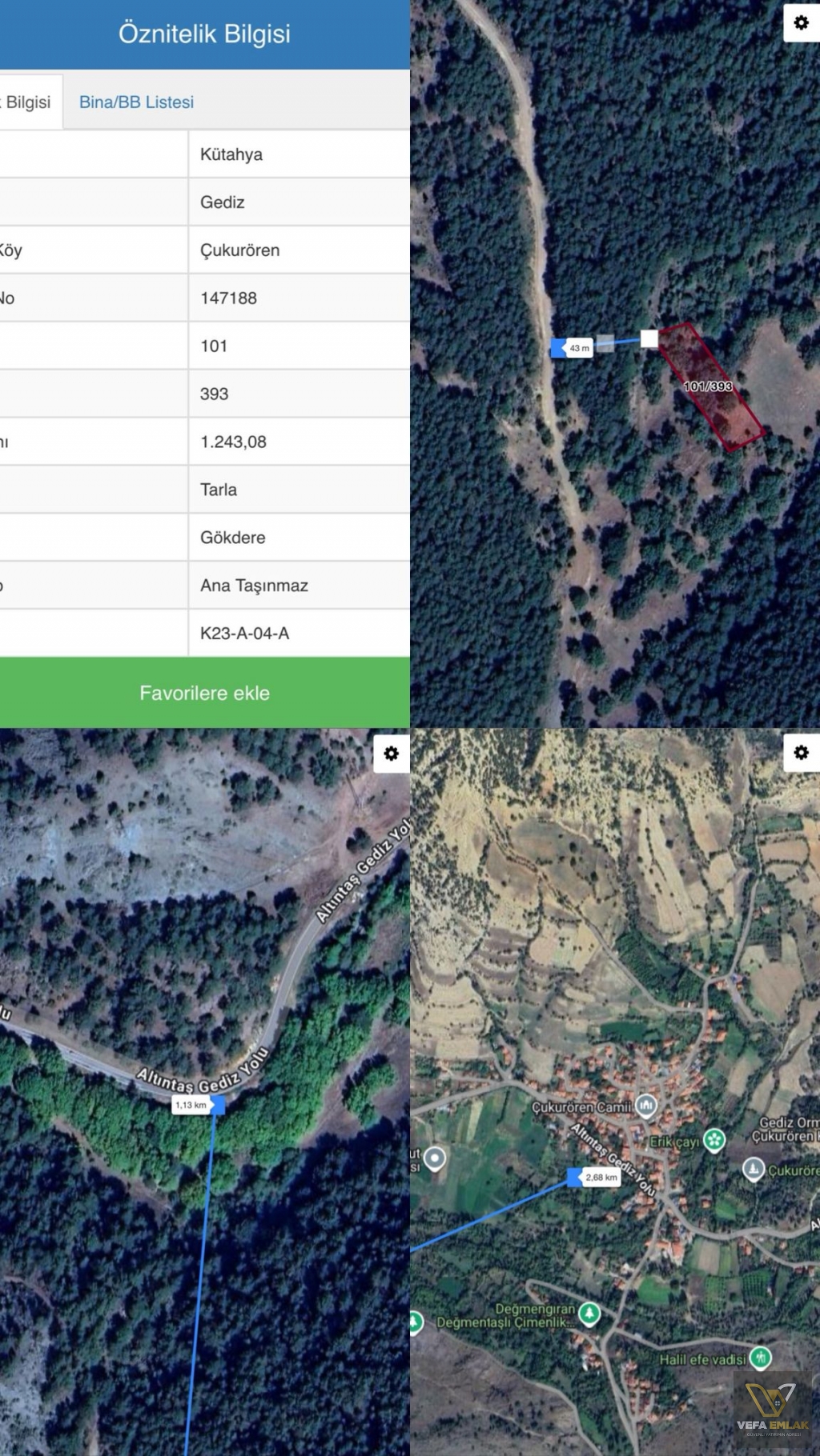 Kütahya Gediz Çukurören Köyünde 1.243 m2 Bedavadan Az Pahalı Tarla