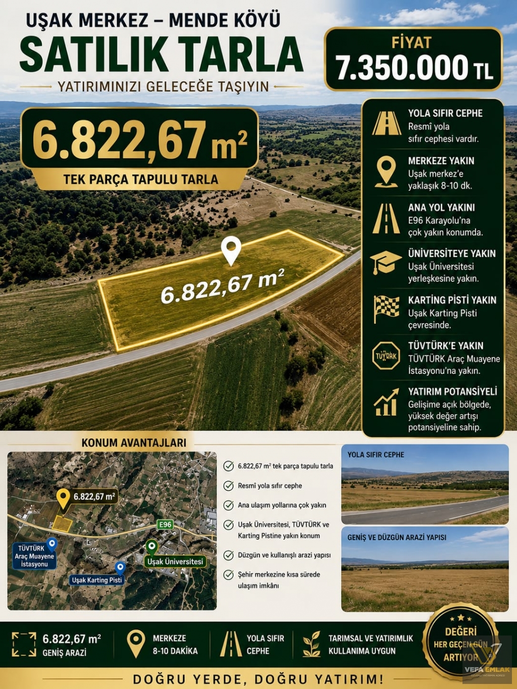 UŞAK MERKEZ MENDE KÖYÜNDE 6.822 m2 SATILIK TARLA